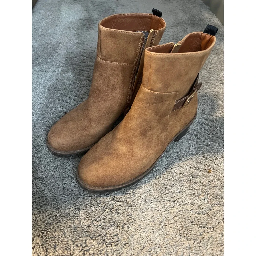 Tommy Hilfiger Girls Tan Suede Glitter Buckle Ankle Boots Side‎ Zip Chunky Heels
